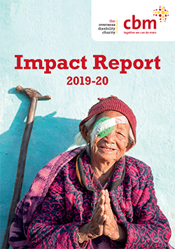 An older women with an eye patch on with the words Impact Report 2019-20 written above