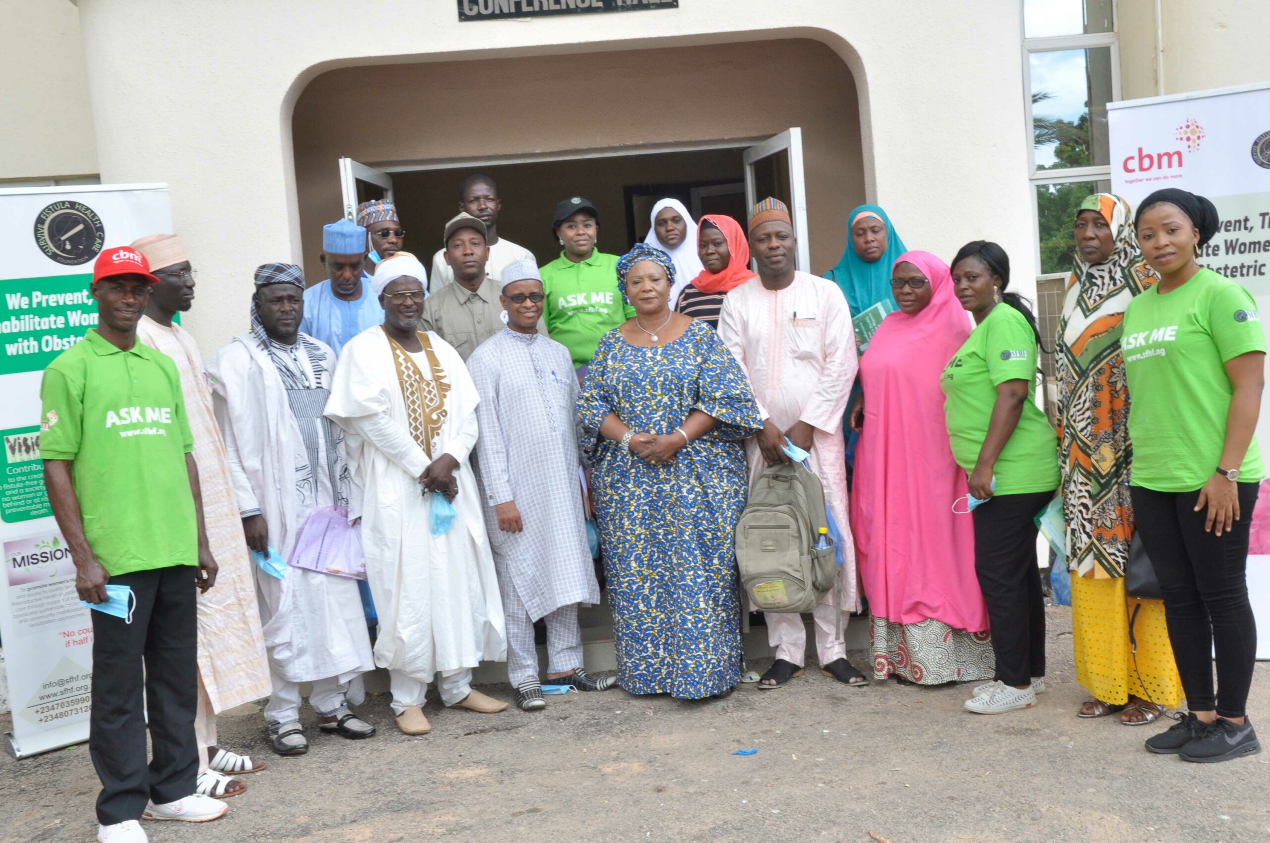 Staff from CBM Global’s partner Survive Fistula Healthcare Foundation, in Nigeria, gathered outside the hospital.