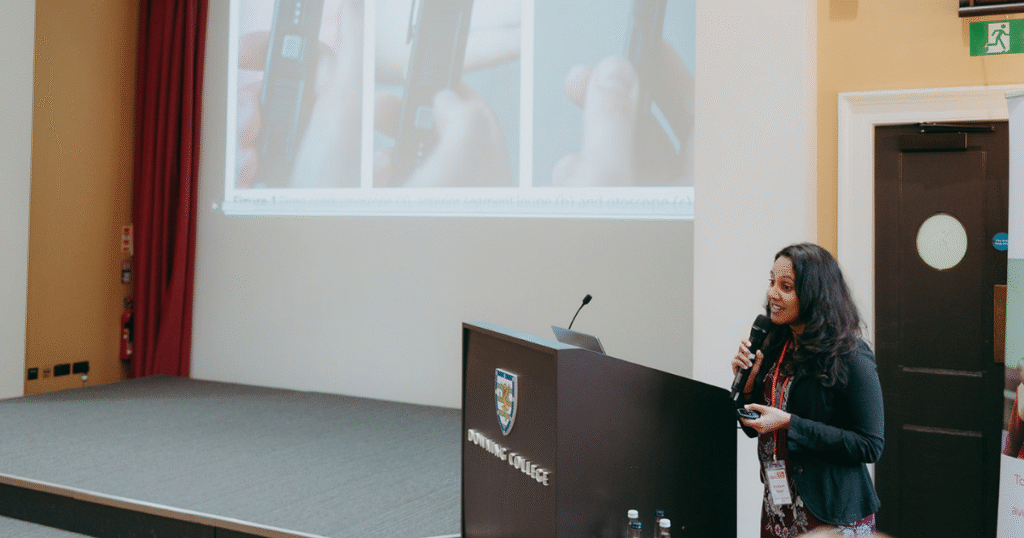 Poonam Shah at Downing College Cambridge presenting