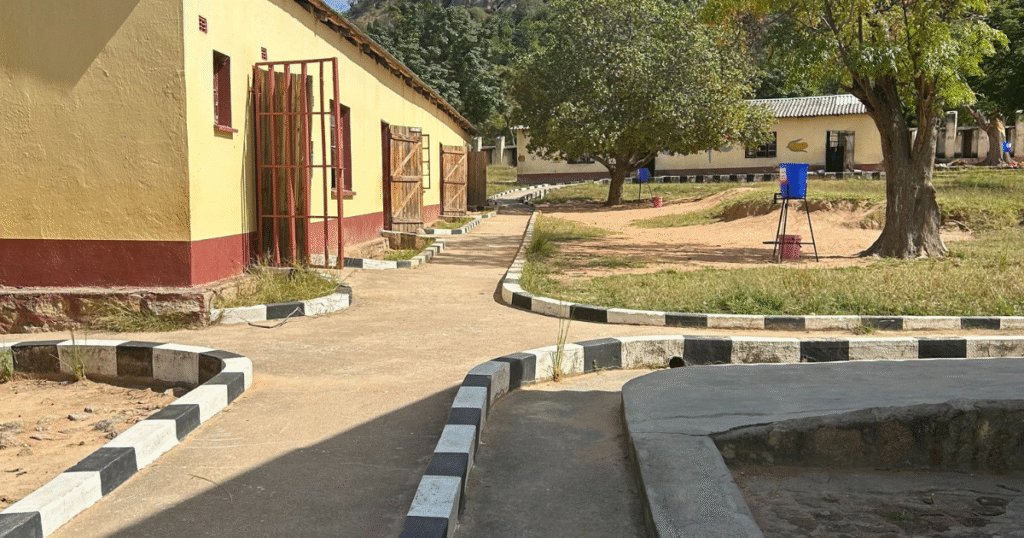 A school with black and white rails for visually impaired children.