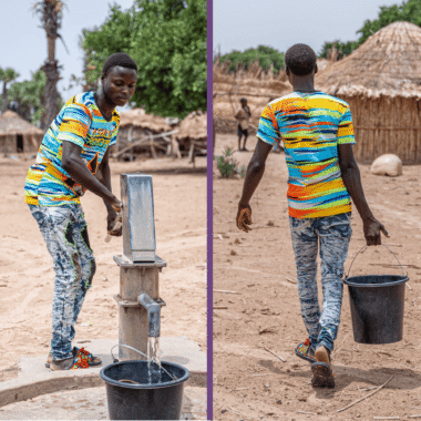 A man pumps water into a bucket; the same man walking away carrying the bucket of water.