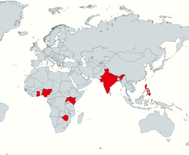 Map with Uganda, Kenya, Nigeria, Ghana, India, the Philippines, Zimbabwe, and Nepal highlighted.