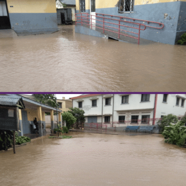 Two images of a school flooded with brown floodwater.