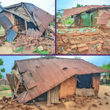 Three images of brick, wood and corrugated iron huts that are falling down and have been severely damaged.