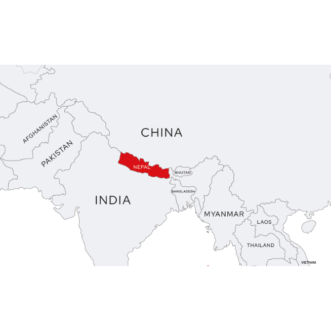 A grey map of Asia, featuring China, Afghanistan, Pakistan, India, Bhutan, Bangladesh, Myanmar, Laos, Thailand, Vietnam and Nepal. Nepal is highlighted in red.