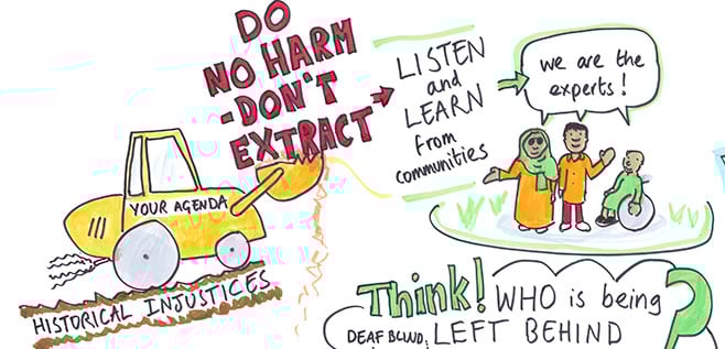 DO NO HARM - DON'T EXTRACT: This section warns against extractive practices showing: A bulldozer labelled 'YOUR AGENDA' crushing the words 'HISTORICAL INJUSTICES.' Words emphasizing the need to DO NO HARM and to 'LISTEN and LEARN from communities.' Speech bubble states 'we are the experts!' highlighting that persons with disabilities are experts on their own experiences