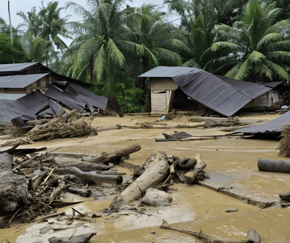 Floodwater in Indonesia with destroyed houses in the background.