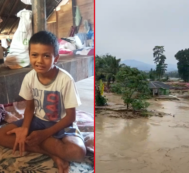 Left image: a little boy is pictured sitting on the floor. He is sitting in an evacuation shelter after Indonesia Tropical Cyclone Senyar. Right image: A home is pictured surrounded by brown flood water.
