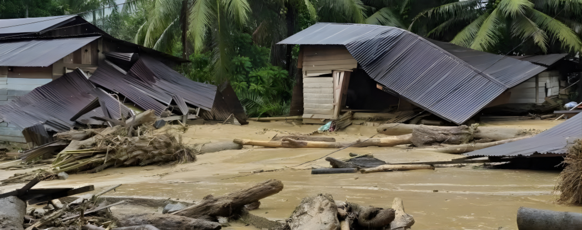 Indonesia Tropical Cyclone Senyar left homes destroyed. Houses are pictured with collapsed roofs and surrounded by brown flood water.