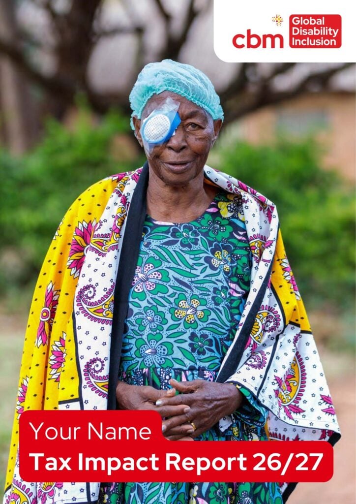 Front cover of an example personalised CBM impact report featuring a photo of a woman who has just had cataract surgery.