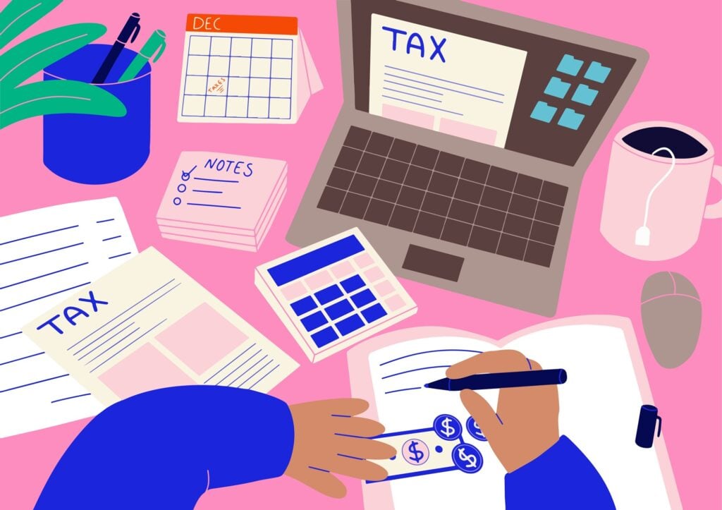 Colourful graphic illustration showing the tax return process