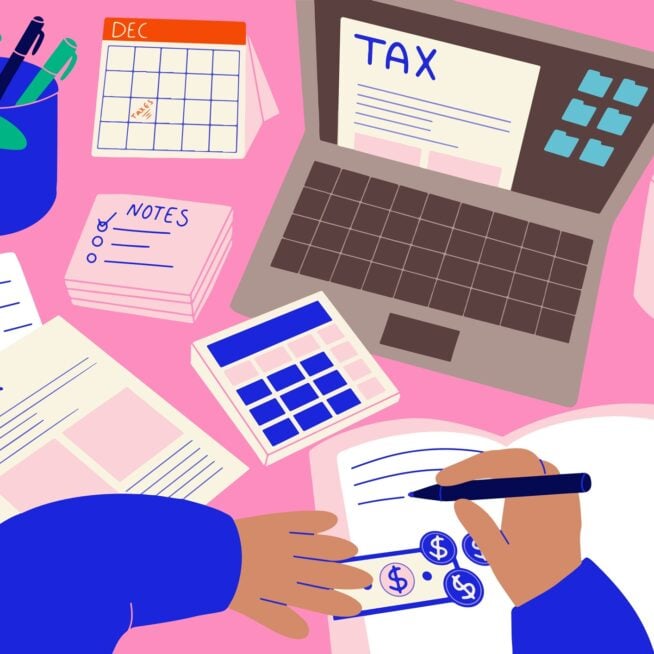 Colourful graphic illustration showing the tax return process