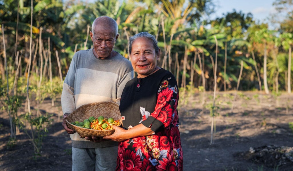 An older couple stand together outdoors holding a basket of fruit.
