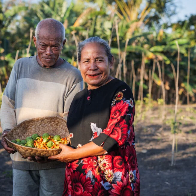 An older couple stand together outdoors holding a basket of fruit.